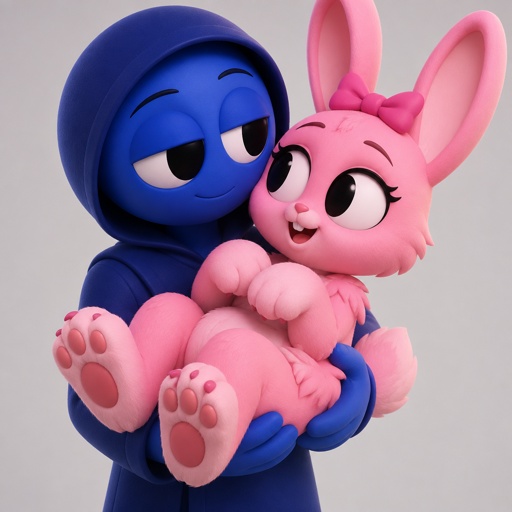 Pinki from Sprunki as her wererabbit self in Jevin from Sprunkis arms with her hands and feet being the stronger paws of her Wererabbit form
