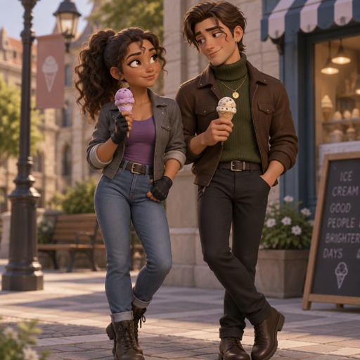 Female, tan skin, brown eyes, pointy nose, curly ponytail, curl in the middle of her forehead, grey jacket rolled up sleeves, jeans, boots, purple shirt, gloves, Male, brushed back slightly messy brown hair, two hair strands in face, brown eyes, brown nice jacket, green turtleneck, earrings, gold necklace, black pants, nice shoes, smirk, both getting ice cream