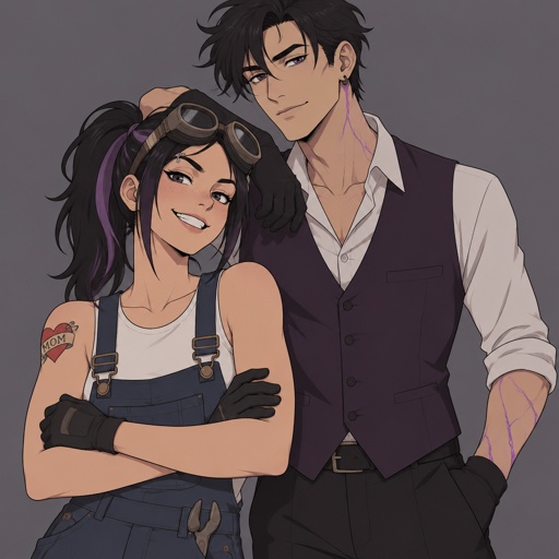 Female, freckles, 18, side ponytail black hair with purple strips, mechanic goggles, white shirt no sleeves no cleavage showing, Jean suspenders, black work gloves, big smirk, eyebrow piercing, red heart with an arrow going through it with the word mom on the heart tattoo on right shoulder, Male, slim, black messy hair, back hair, brushed side hair, strands of hair in the middle of forehead, ear piercing ring, gloves, purple glowing veins, purple vest, white shirt, no facial hair, bad guy, father and daughter 