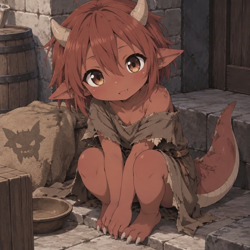 Kobold girl, cute, child, ragged clothes 