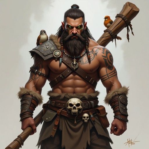 Kael the Beastbound – A rugged, broad-shouldered man with brown skin and a rough beard, wearing armor made from bone and leather. deep green eyes tattoos of animal tracks spiral down his arms. He carries a massive wooden staff carved with the shapes of beasts, and small creatures often perch on his shoulders or follow at his feet.