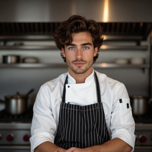 Realistic portrait of Seppe DeLuca, a young Italian man in his early 20s. He has olive-golden skin, very light blue eyes that look almost white or silver in sunlight, and tousled jet-black wavy hair. His face is clean-shaven and he has a sharp jawline. He wears modern chef attire — a fitted white chef’s jacket with sleeves rolled up, a dark apron tied at his waist, and a subtle silver chain at his collarbone. He’s standing in a softly lit restaurant kitchen, warm cinematic lighting reflecting off stainless steel surfaces. His expression is confident with a hint of mischief, like he knows he’s trouble but you’ll fall for him anyway. 