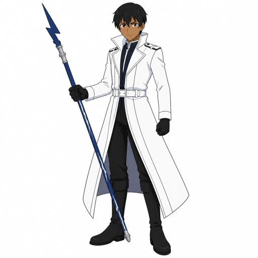 Young brown skinned man with brown eyes and short straight black hair with white leather trench coat and blue with lightning bolt along it quarter staff style cross black boots and gloves 