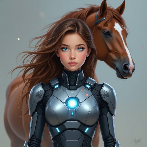 Blue eyed 15 year old girl with chestnut horse rearing with brown hair