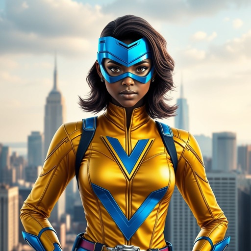 A teenage African American female superhero wearing a domino style mask with slightly curly hair in a shoulder length side part style  wearing a polyester and leather gold suit with blue accents gold pants and a stylized V as her chest emblem a utility belt and blue boot heel less standing in Philadelphia  