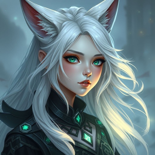 A young pale female with white hair and fox ears and emerald eyes wearing a black attire falling from the sky