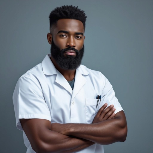 A African American man with a black beard and black hair wearing a medical uniform
