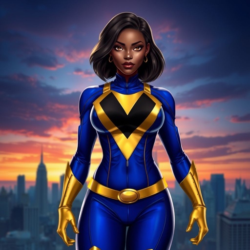African American female superhero with hair  in a shoulder length side part hairstyle with pure Gold Glowing eyes wearing  a  royal blue and gold accented suit with royal blue pants and gold knee length boots with a V with the top half gold and the bottom half black as her chest emblem in Philadelphia 