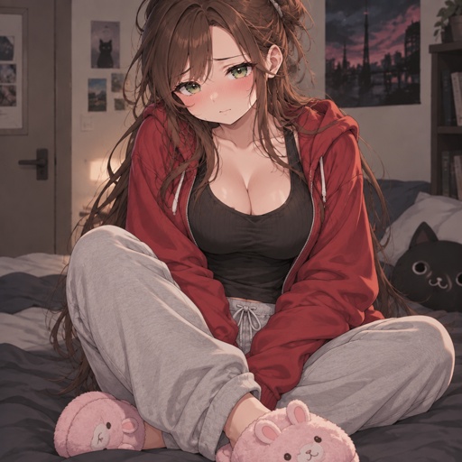 a woman sitting on top of a bed next to a pink teddy bear