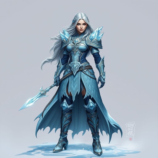 Create a battle woman hero called Alvara the Frostheart. Show full body head to toe including shoes