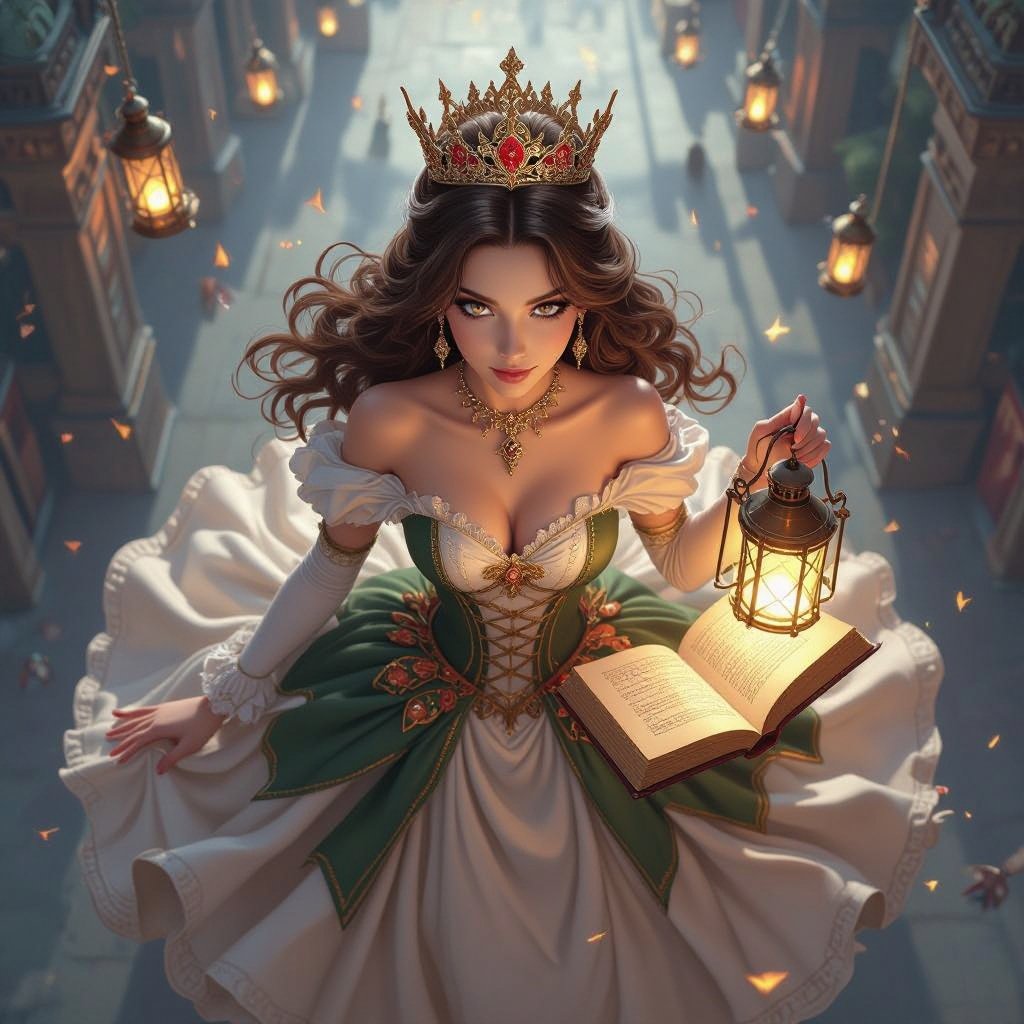 top view, battle map view, aerial view, woman, fancy dress, crown, holding a lantern, holding books, looking down, no background, stop looking up, top view, view of the top of her head