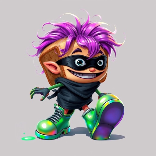 Create a funny looking clumsy sandwhich thief with funny shoes on. Make him have on the bandit black thing around his eyes 