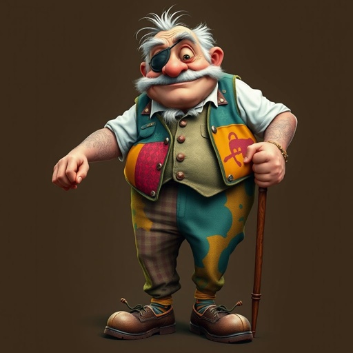 Create a grouchy funny old character who has 1 eye patched. Make him fat with a cane. Show his whole character head to toe including shoes 