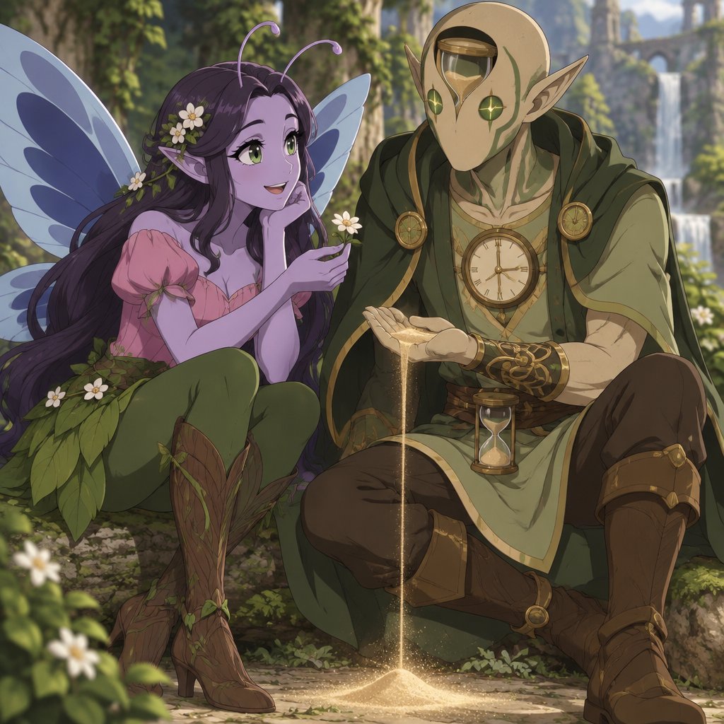 Lady of nature She has light purple skin and neat long dark purple hair, beautiful deep green eyes, long eyelashes, antennae, light blue wings with deep blue in the middle,wears a beautiful pink shirt and a skirt that looks like a leaf and green leggings, tree wood boots and a beautiful smile, man of time, body shape hourglass, dark green hair right side swooped down and longer, Sand colored skin,no nose or mouth,has a thick medium color green lining around his face and one big hourglass lining inside face connected to the outside lining, pointy ears, eyes green and the pupils look like clock in his waist hands, has small hourglass and sand, his chest has a big clock on it,wearing a light green tunic, dark green no sleeve cloak brown pants and boots sand coming from feet,interacting with each other