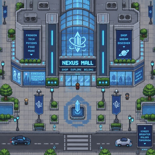 Mall for a fantasy game set in futuristic times city, full building, exterior, top down style