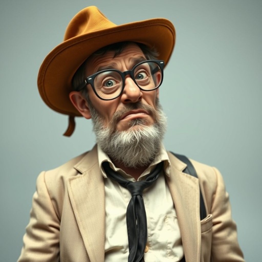 Create a funny looking serious man in the world, with a not so stylish outfit head to toe