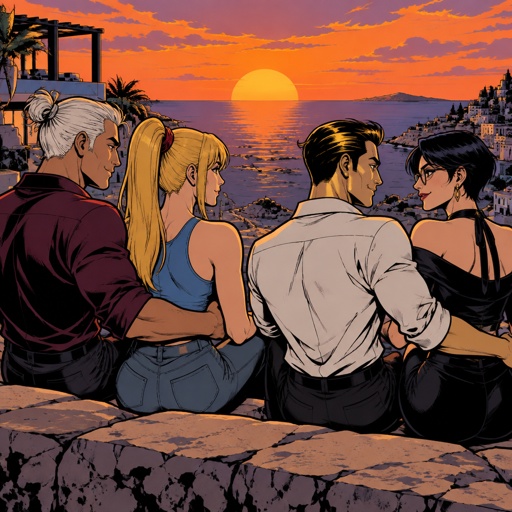 Kado Thorne from Fortnite white hair medium length back hair bun pale skin, Samus Aran zero suit, Midas from Fortnite, Bayonetta from super smash bros short hair, watching the sunset, double date, all wearing casual clothes, no facial hair, clean shaven 