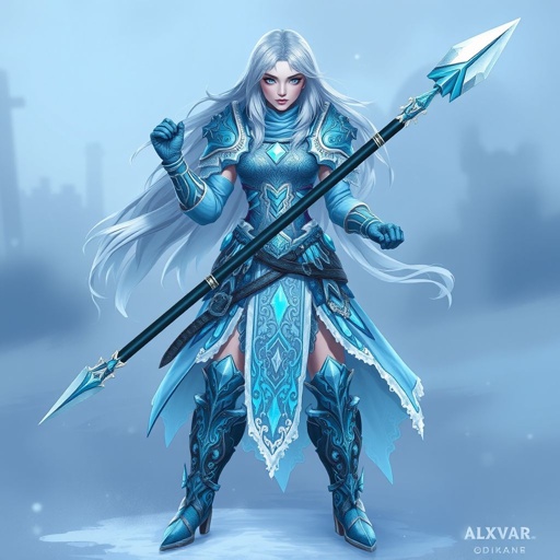 Create a battle woman hero called Alvara the Frostheart. Show full body head to toe including shoes