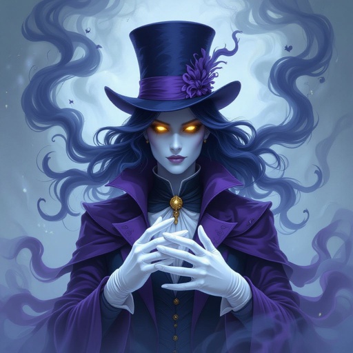 A character made of dark blue and purple smoke with visible yellow eyes white gloves and a top hat