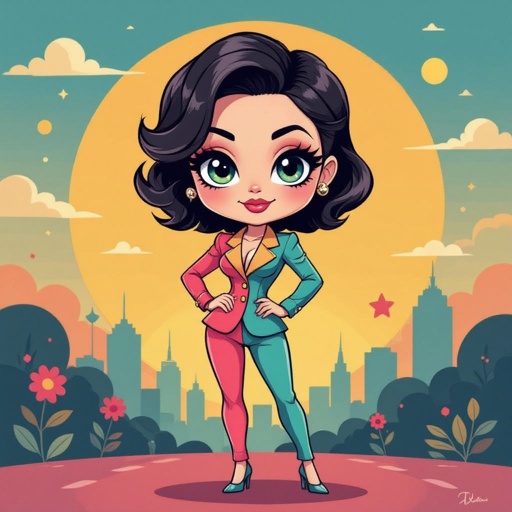 Create a chibi character mid 30’s lady who is in a suite with hands on waste