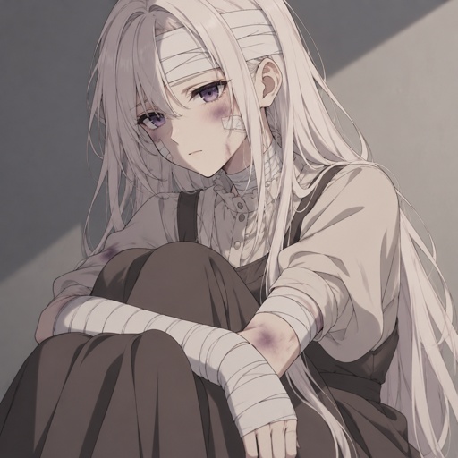 Woman, modest clothes,covered in bandages and bruises, waist length ivory hair, purple eyes