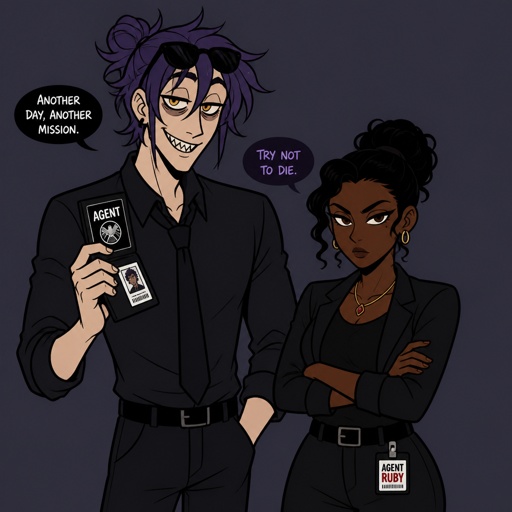 Anime style, Agent Ward, was made in a secret lab to be the best weapon and good at everything, highly skilled in many things, has to be kept in check by the facility and have an emergency backup in case he gets out of control, Wards hair is in a messy loose bun hair color violet, he is clean shaven, has yellow night vision eyes, sharp teeth,he wears sunglasses on his head, has a dark power of death from the experiments, the best agent, he's in his late 20s, tired, tall, eyes are sensitive to light, easily gets migraines, likes making jokes, sassy, reckless mischievous and dangerous,grins, hates being told what to do, intimidating, laugh like a maniac,cares about his partner ruby rose she's dark skin serious plays by the rules and firm but nice to ward them arguing ruby saying that ward needs to stop scaring the suspect so much while ward grins saying “ but it gets the answers out of them more easily”