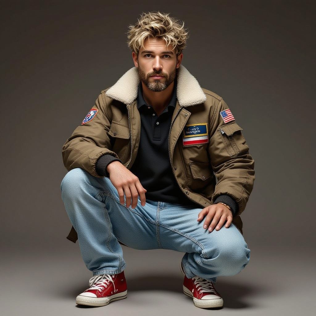 man with Dirty Blonde Unkempt Hair and Goatee. Astronaut Flight Jacket Black And White Polo and Light blue denim jeans with red sneakers
