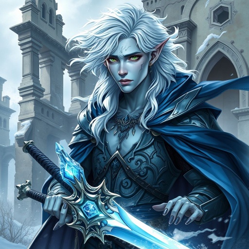 An Eladrin male in his winter form stands in a high fantasy setting, surrounded by the ancient, weather-worn ruins of elegant elven architecture, hinting at a world touched by past conflict. His skin is a pale, icy blue, and his long hair flows pure white tied up into a messy bun with curls running down his shoulders. His eyes glow with an intense, sickly, pulsing green—tainted by visible magical corruption. A deep, jagged scar, unhealed and raw, marks his chest. He wears intricate, medium armor, layered and functional, over which a heavy, billowing blue cloak flows dramatically in the wind. In his hands, he wields a large, enchanted greatsword with no crossgaurd. The sword features a striking design: a large, pale blue crystal embedded in the center of the blade where the crossgaurd should be and a smaller, matching crystal set in the pommel, both pulsing with arcane energy. His expression is one of reckless determination, caught between desperation and purpose. The background reflects subtle signs of a magical war, with broken stone arches, glowing runes, and distant elven spires fading into a cold, misty atmosphere.