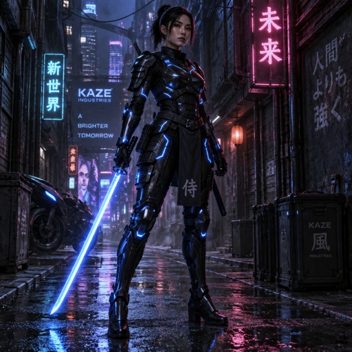 Woman in a futuristic samurai armor. Show whole body.