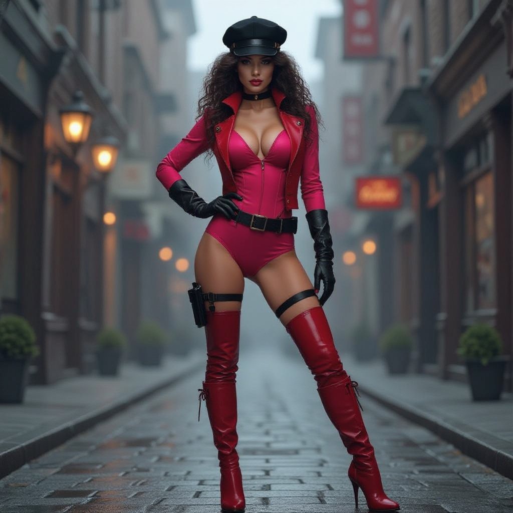 Dark Brown Frizzy Haired Spy Thief in a Tight Hot Pink Bodysuit Dark Red Thigh High Pump Boots. Black Biker Gloves. Black and Red Newsboy Cap. Matching Red open Vest to her boots