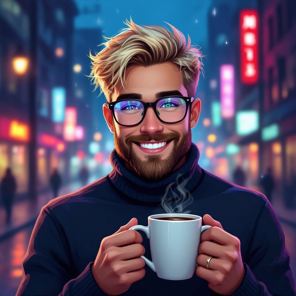 mężczyzna o blond krótkich włosach. Jasne oczy, lekko przymrużone. Szeroki uśmiech. Zarost. Bokobrody. Duże okulary z wąskimi oprawkami. Ubrany w sweter z golfem i trzymający kubek kawy.