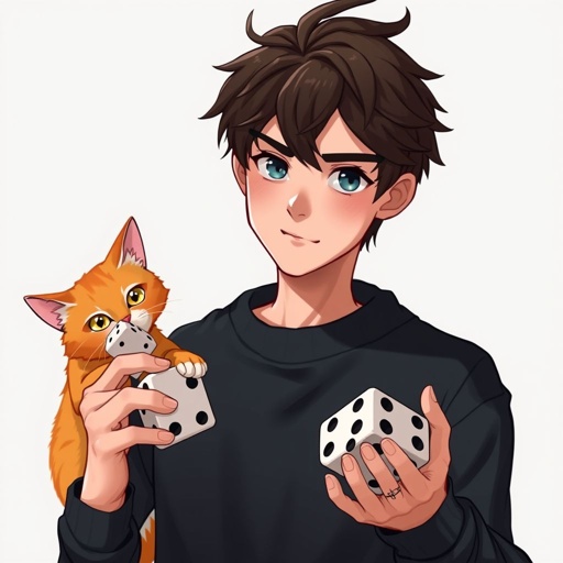 Guy with dark brown hair with black sweatshirt. He has 1 orange cat on his right shoulder. He holds 2 epic looking 20 sides dice in left hand
