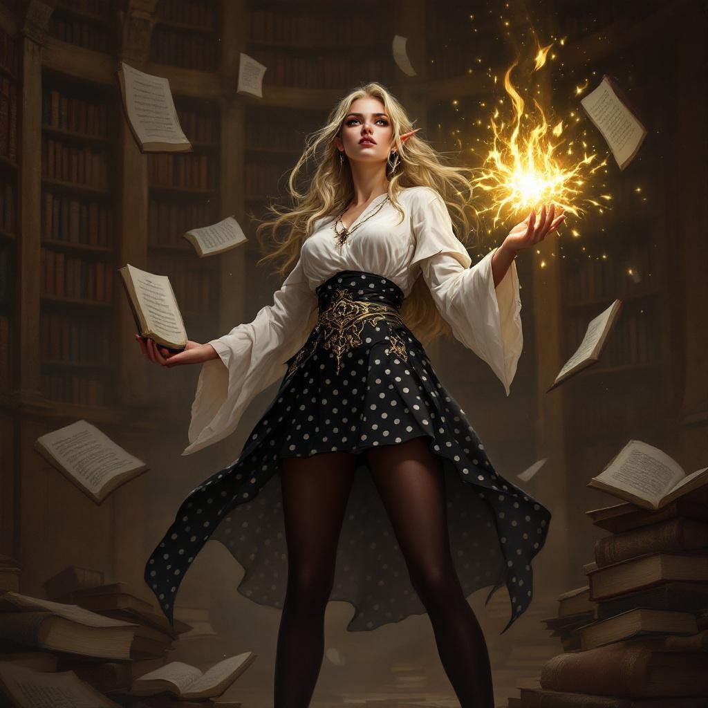 A full-body semi-realistic fantasy illustration of Mythanna Junedae, a High Elf Wizard of Abjuration, standing in a grand enchanted library as if preparing for battle. Towering shelves and glowing lanterns line the hall, but tomes and scrolls now float wildly around her in midair. 

Mythanna’s stance is strong and commanding: legs planted apart, stockings and shin-high rune-stitched boots clearly visible. She holds her glowing Wand of Magic Missiles raised in one hand, and her other hand traces a circle of luminous abjuration runes in the air. Wards flare around her in golden light, forming protective circles and glowing shields. 

Her appearance: 
- Face and hair inspired by Barbara Palvin — soft but determined, brunette waves flowing with magical wind. 
- White blouse with long sleeves, dramatic black bow tie, snug rune-stitched corset band. 
- High-waisted skirt with bold black-and-white polka dots, sleek and fitted, cut mid-thigh. 
- Dark stockings stopping just below the hem, leaving a teasing strip of bare thigh visible. 
- Shin-high rune-stitched boots. 

Signature items: 
- **Hat of Wizardry** — tall, tilted, subtly patterned with arcane polka-dots, glowing runes swirling around it. 
- **Pearl of Power** — glowing jewel at her throat beneath the bow tie. 
- **Wand of Magic Missiles** — held aloft in one hand, glowing brightly as arcane missiles orbit it. 

Her expression is no longer coy but fierce, her abjurist power on full display. The mood is dramatic fantasy: playful parody aesthetic still intact, but with genuine magical authority radiating through the glowing wards and floating tomes.


