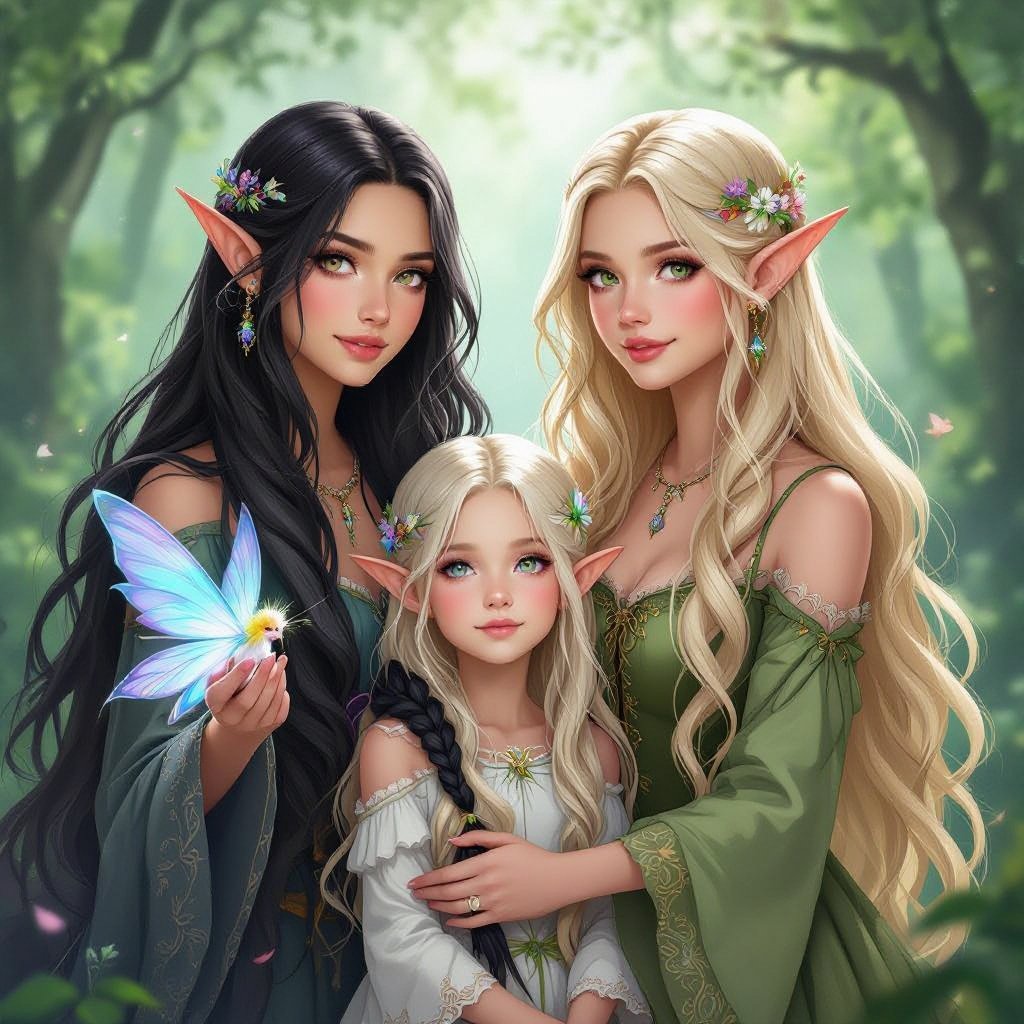 Twin girls with blond hair their Nany with black hair and her daughter