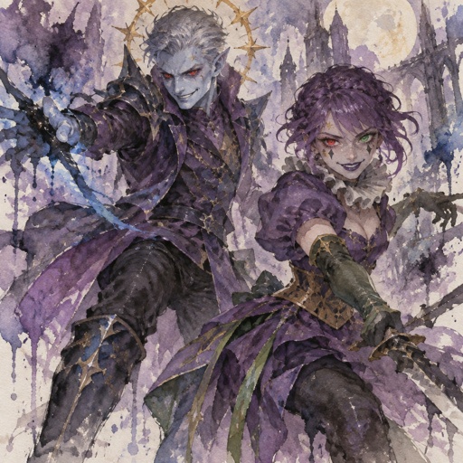 Male, grey short slick pointy pointy back hair, light blue skin, completely full red eyes, red eyes, halo of gold stars surrounding head, purple long coat buttoned up, purple shirt and collar, shirt sleeves over palms, tall boots, black pants, blue details on clothes, pointy shoulder pads dark purple, Female, short purple braids, messy bangs, one red eye the other green, black triangle under eyes, stars on face, dark purple lipstick,  purple dress with a short front, short puffy sleeve, gold corset, long green gloves, green details on clothes, stars on top, ruffled collar, black pants, fighting together, both smiling evil