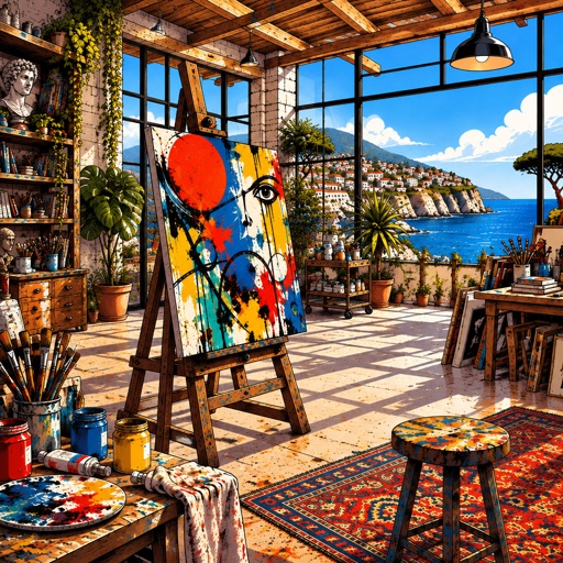 an artist's studio with a view of the ocean