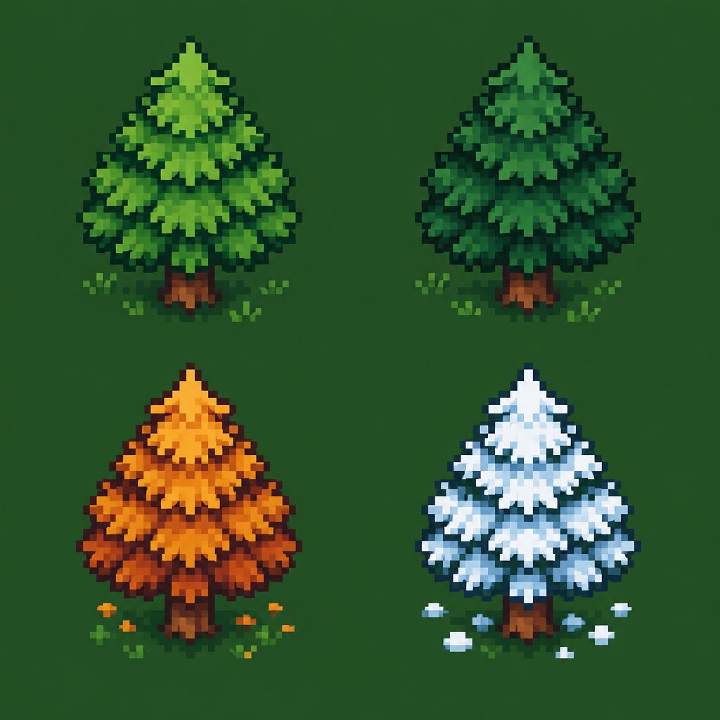 Pine tree for a modern fantasy game, in all the seasons, top down style,