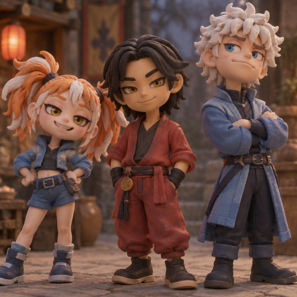 Female, smile, yellow eyes, orange and white messy pigtails, short, wears blue, one droopy eyelid, Male, smile, Asian, neck length black hair, yellow eyes, eyeliner, wears red casual clothes, small mouth, Male, fluffy white hair, big blue eyes, long smile, snobby, wears blue,irritated