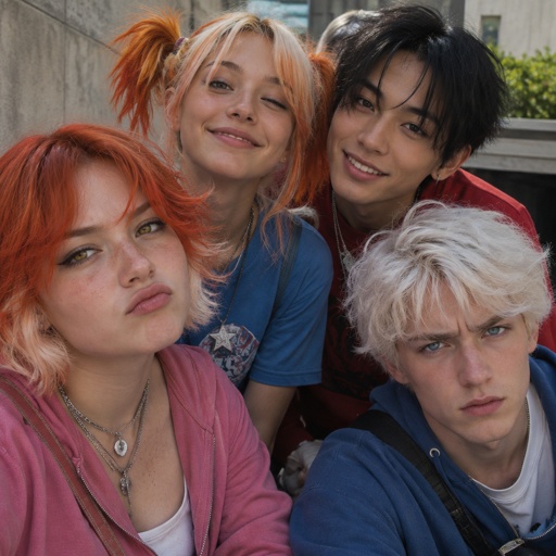 Female, teen, short orange hair white tips, slightly chubby, yellow eyes, wears pink, sassy, Female, smile, yellow eyes, orange and white messy pigtails, short, wears blue, one droopy eyelid, Male, smile, Asian, neck length black hair, yellow eyes, eyeliner, wears red casual clothes, small mouth, Male, fluffy white hair, big blue eyes, long smile, snobby, wears blue, irritated 