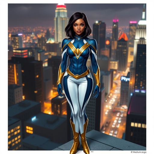 A young African American female superhero with shoulder length hair in a side part style wearing a blue and white suit made of a leather like spandex material with gold accents with white pants and gold boots with a stylized V as her chest emblem standing ona roof in a Philadelphia at night