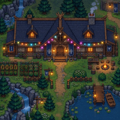Cool long house fairy lights different colors for a modern fantasy game, top down style, shading and highlights 