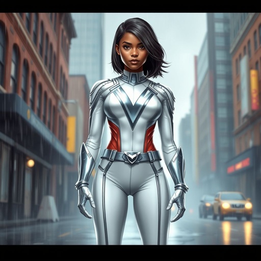 A teenage African American female superhero with hair in a shoulder length side part style wearing a white and silver suit with a stylized V as her chest emblem a utility belt and silver boots standing in Philadelphia during a rain storm