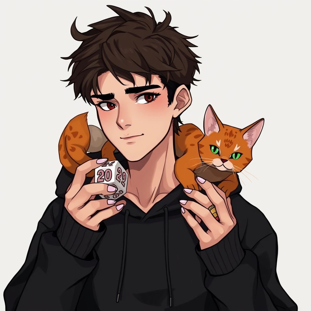 A guy with dark brown hair who holds epic looking dices normal size with 20 sides in one hand, he wears a black hoodie and he has 1 orange cat with pretty design at his shoulder, and has a small smile, his nails are not painted