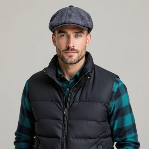 Man in black and light Grey puffer Vest . A Teal Flannel underneath. He wears a dark grey leather flat cap