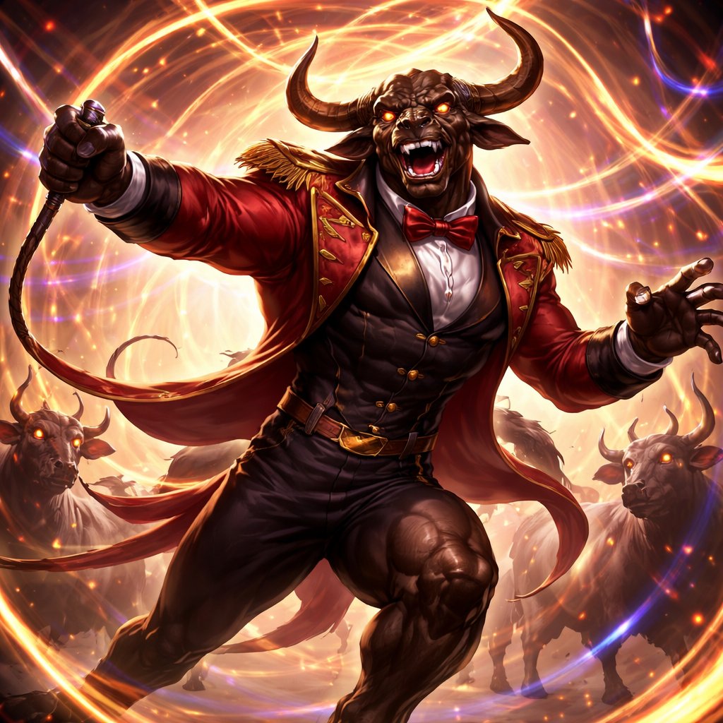 A medium brown Greek Minotaur with a well~proportioned figure that works at freak show as ringmaster. That has gifts/abilities like Reality Rejection, Time Manipulation (Chronokineses), Zoolingualism (Language of Cattle only), Human Speech.