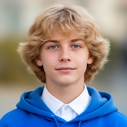 Boy with fluffy medium length blond hair white shirt blue hoodie blue eyes 17years