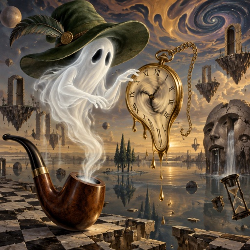 A ghost coming out of a tobacco pipe like smoke  with the mad hatter hat on is checking his pocket watch that is going crazy