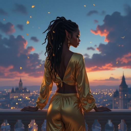 Generate a dark fantasy video clip of a Black American fae woman (Auren) with golden two piece pajamas and waist length curled thin dreadlocked hair tucked behind her high fae ears, standing atop a palace balcony at dusk. Her skin glows faintly gold as she gazes over a kingdom in turmoil. The sky is cerulean blue with peaks of blood red clouds, with floating golden debris. Ultra-detailed, cinematic, slow-motion wind effects on her cloak 