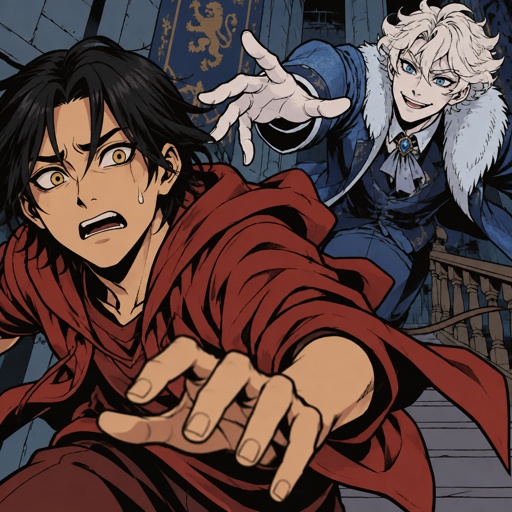 Male, Asian, neck length black hair, yellow eyes, eyeliner, wears red casual clothes, scared, small mouth, male, fluffy white hair, big blue eyes, long smile, snobby, wears blue, the Asian guys name is Po, the white haired males name is Klouse