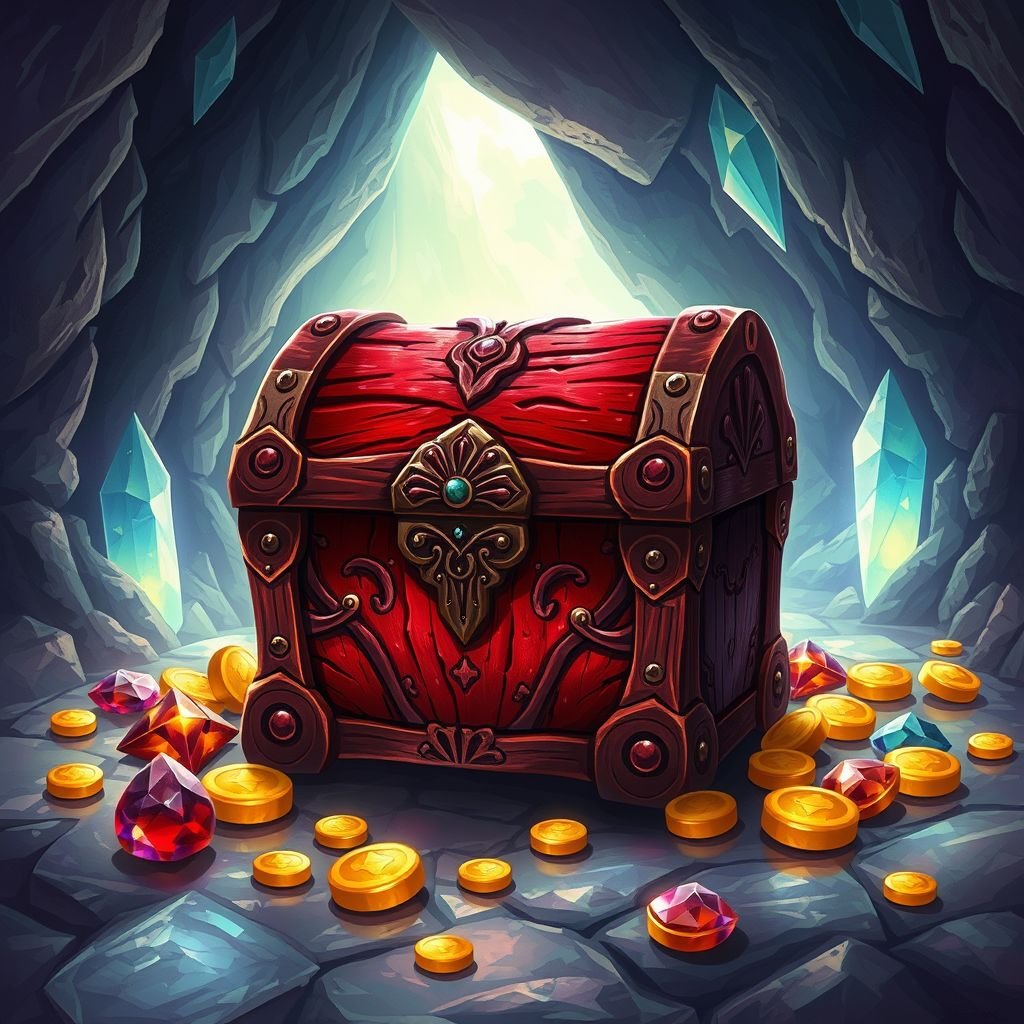 Red Treasure Chest made of wood on a cave floor